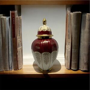 Rare Bavarian Porcelain Vintage Red and Gold Ornate Lidded Vase